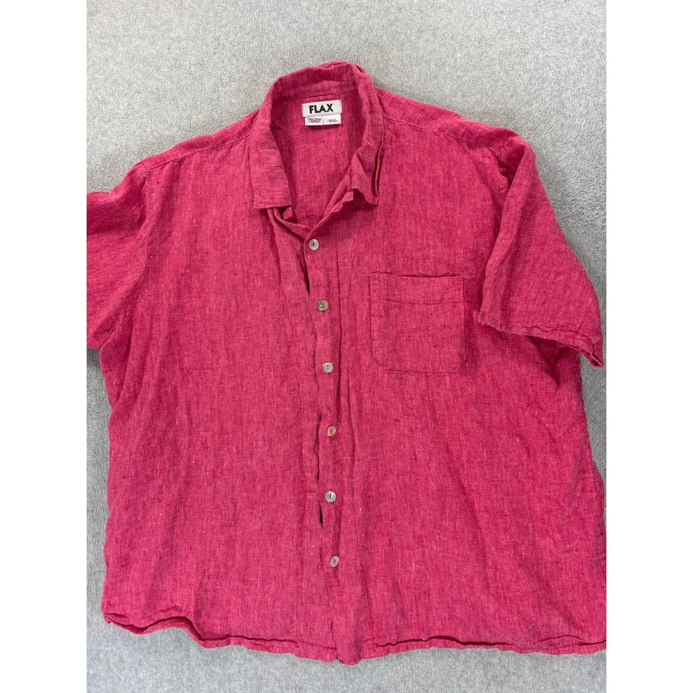 Flax 100% Linen Short Sleeve Button Down Shirt (Women's Large) Red/Pink